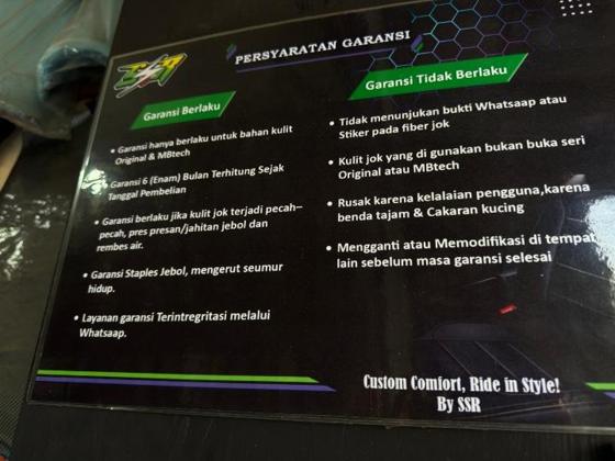 Papan persyaratan garansi Servis Jok SSR